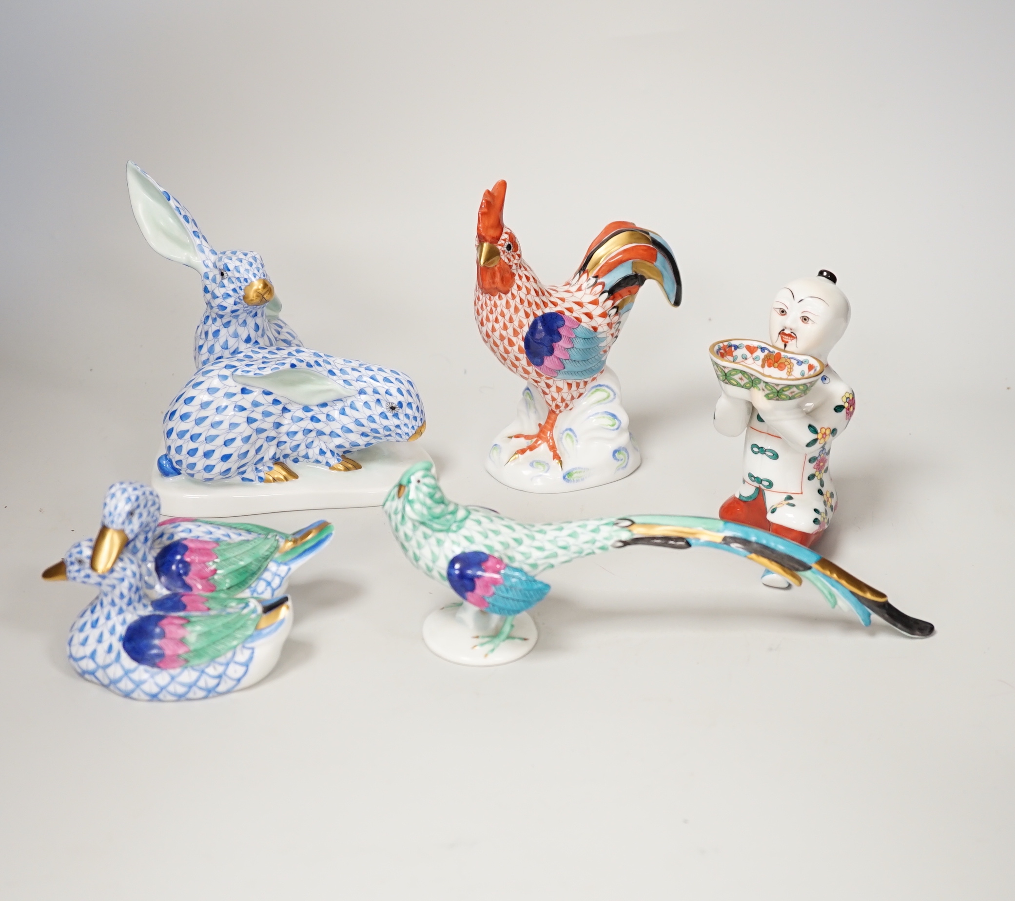 A group of five Herend models - a kneeling Chinaman, pheasant, cockerel, duck group and rabbit group, tallest 14cm